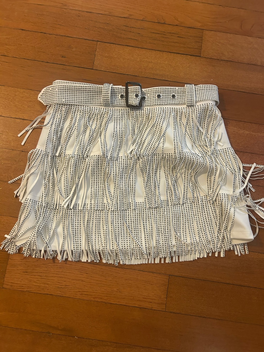 Fringed Mini Skirt with Studded Belt - White
